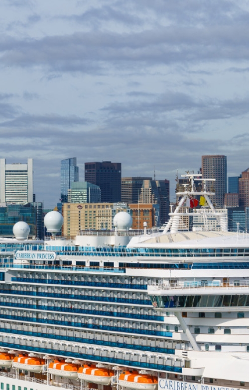 Cruise ships with city in background