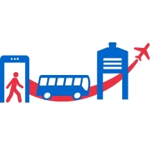 Icons of a person on a mobile phone then a bus then the Logan tower and a plane taking off