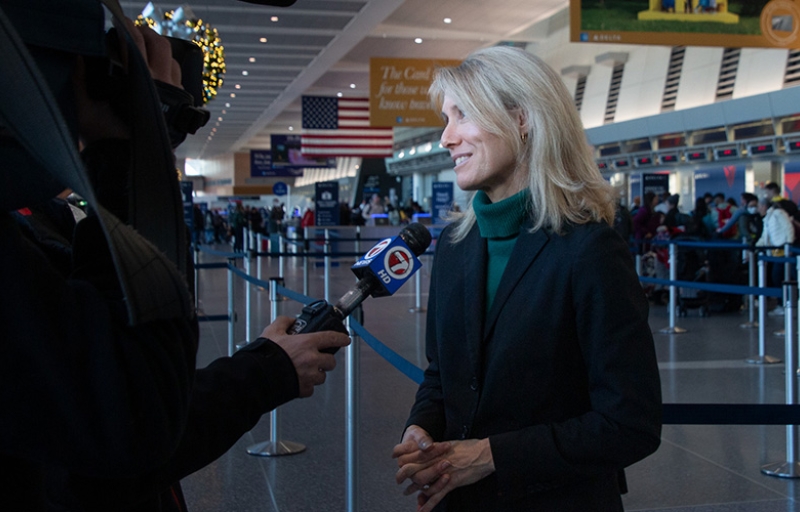 Lisa Wieland speaking to press about holiday travel