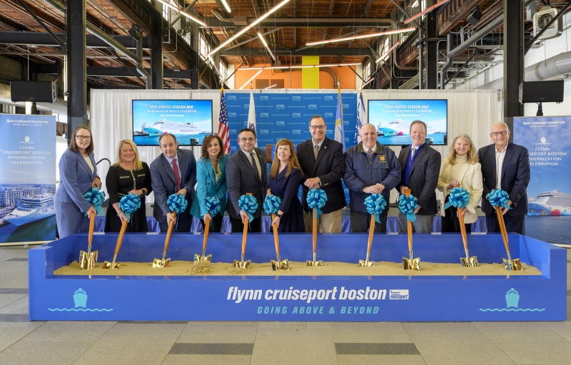 From L to R: Executive Director for the Massachusetts Office of Travel and Tourism Katie Fox, CEO of Meet Boston Martha Sheridan, ILA Atlantic Coast District VP Geroge McEvoy, Massport Chief Infrastructure Office Luciana Burdi, State Senator Nick Collins, Masssport Port Director Lauren Gleason, State Rep. David Biele, Councilor Ed Flynn, Massport CEO Rich Davey, Massport Board Chairwoman Patricia Jacobs and Norwegian Cruise Line SVP of Port Development Juan Kuryla. 