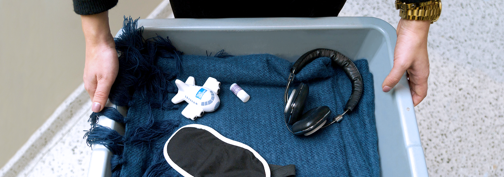 Items in tray at Worcester Airport