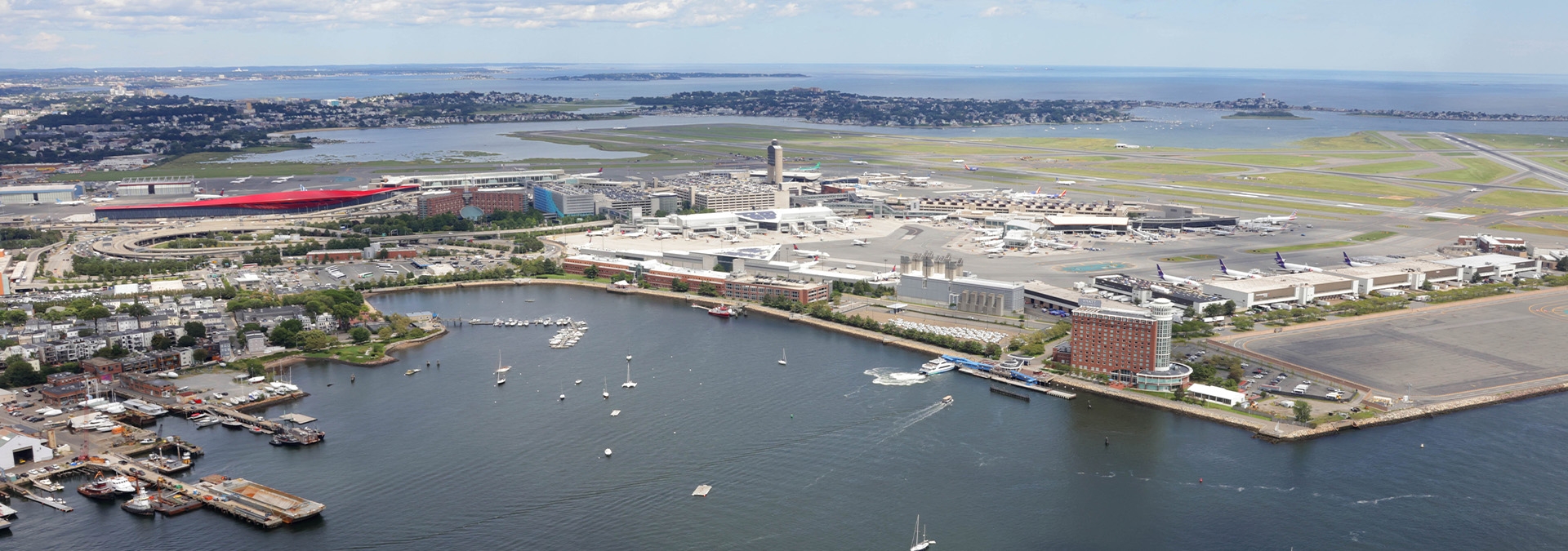 Aerial view of Logan Airport from over Boston Harbor
