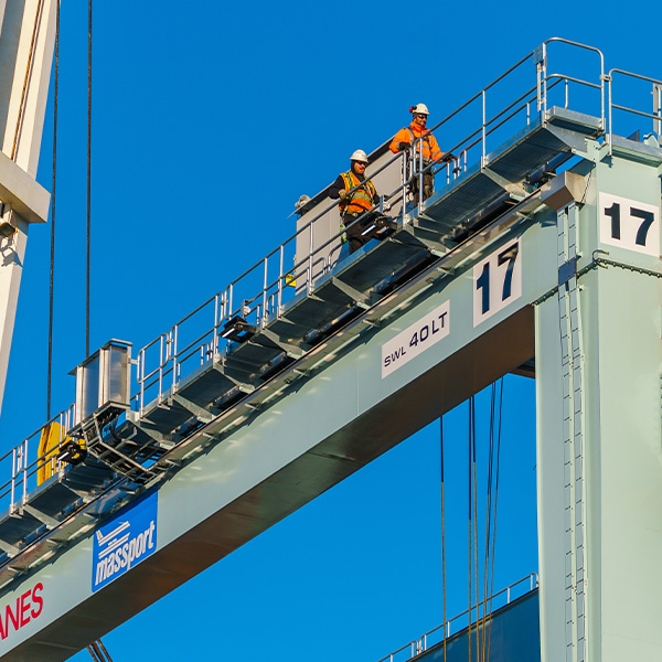 Workers in hi-vis gear on top of a cargo structure