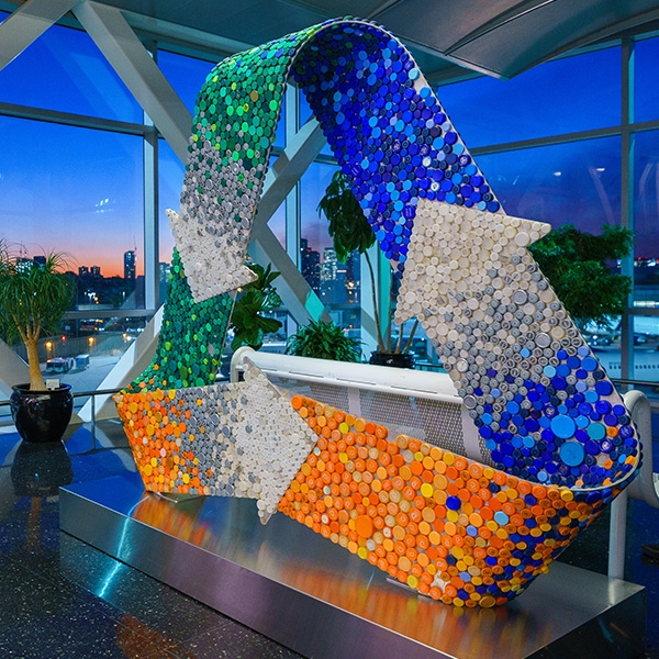 Recycling sculpture made out of bottle caps