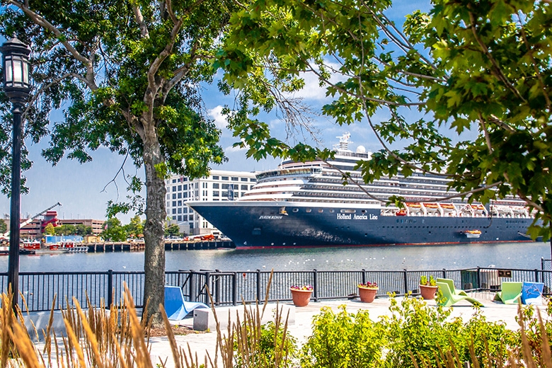 Cruise ship at dock behind park