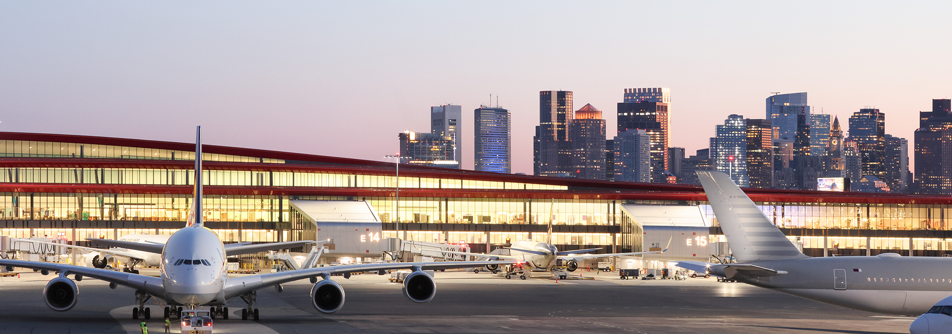 Terminal E with Boston Skyline at Dusk