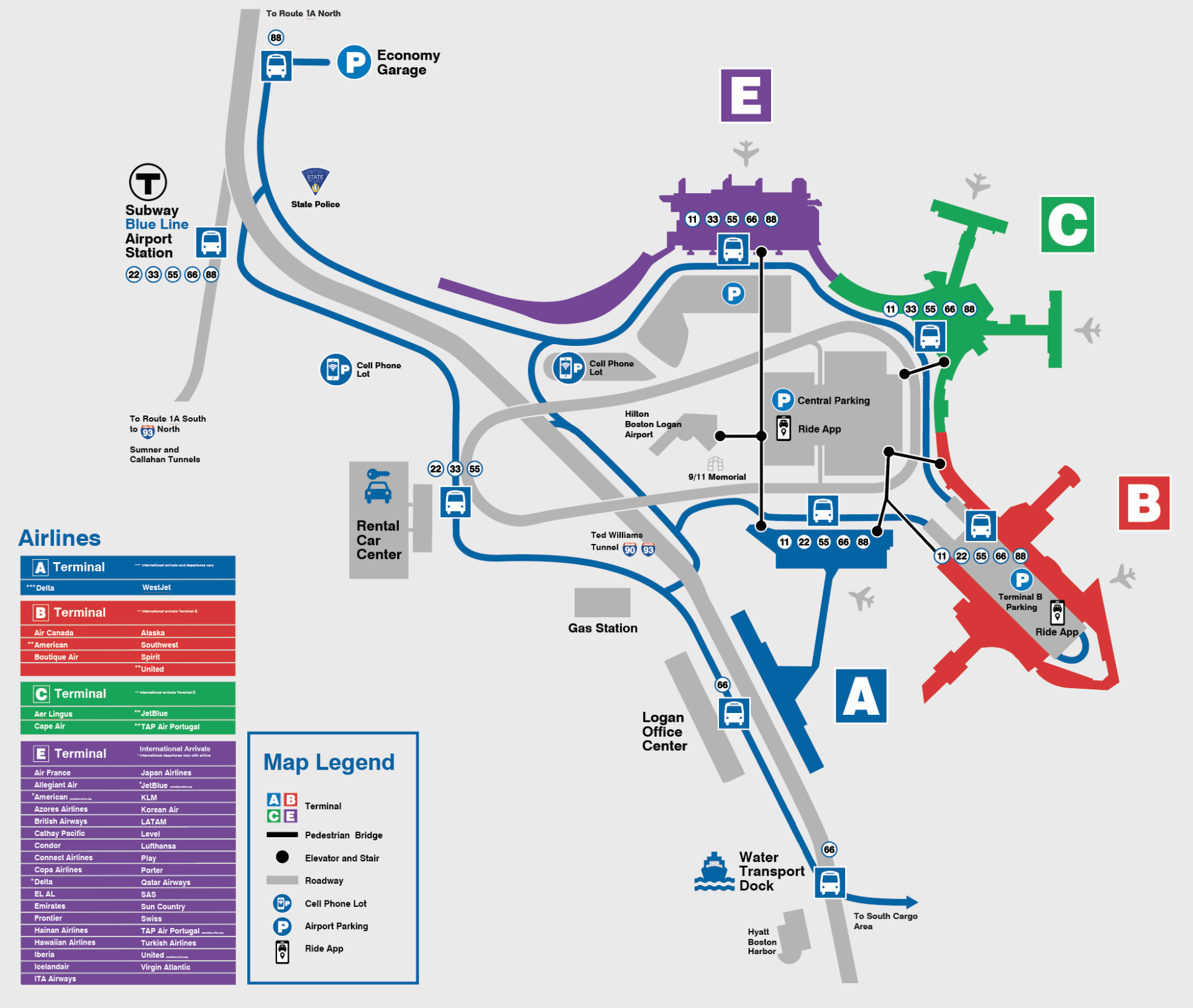 Boston Logan On-Airport Shuttle Route Map