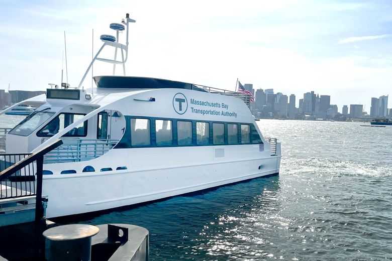 The MBTA Quincy Ferry docked at the Boston Logan Water Transportation dock in Boston Harbor.