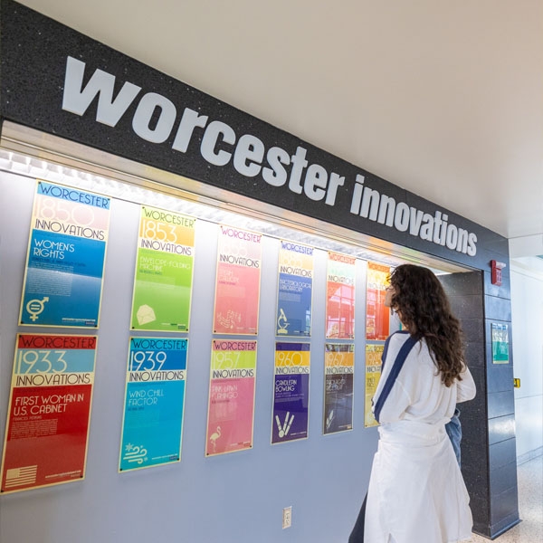 Girl looking at Worcester Innovations Exhibit