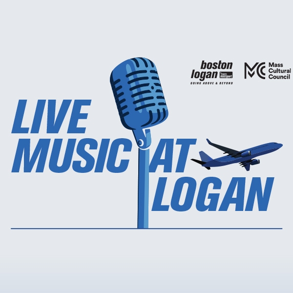 Live Music at Logan program logo with a microphone and airplane