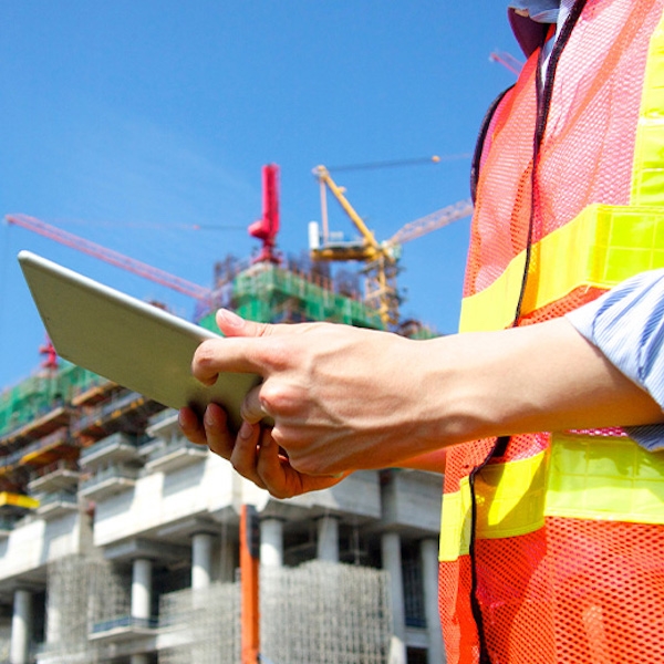 Construction worker holding tablet