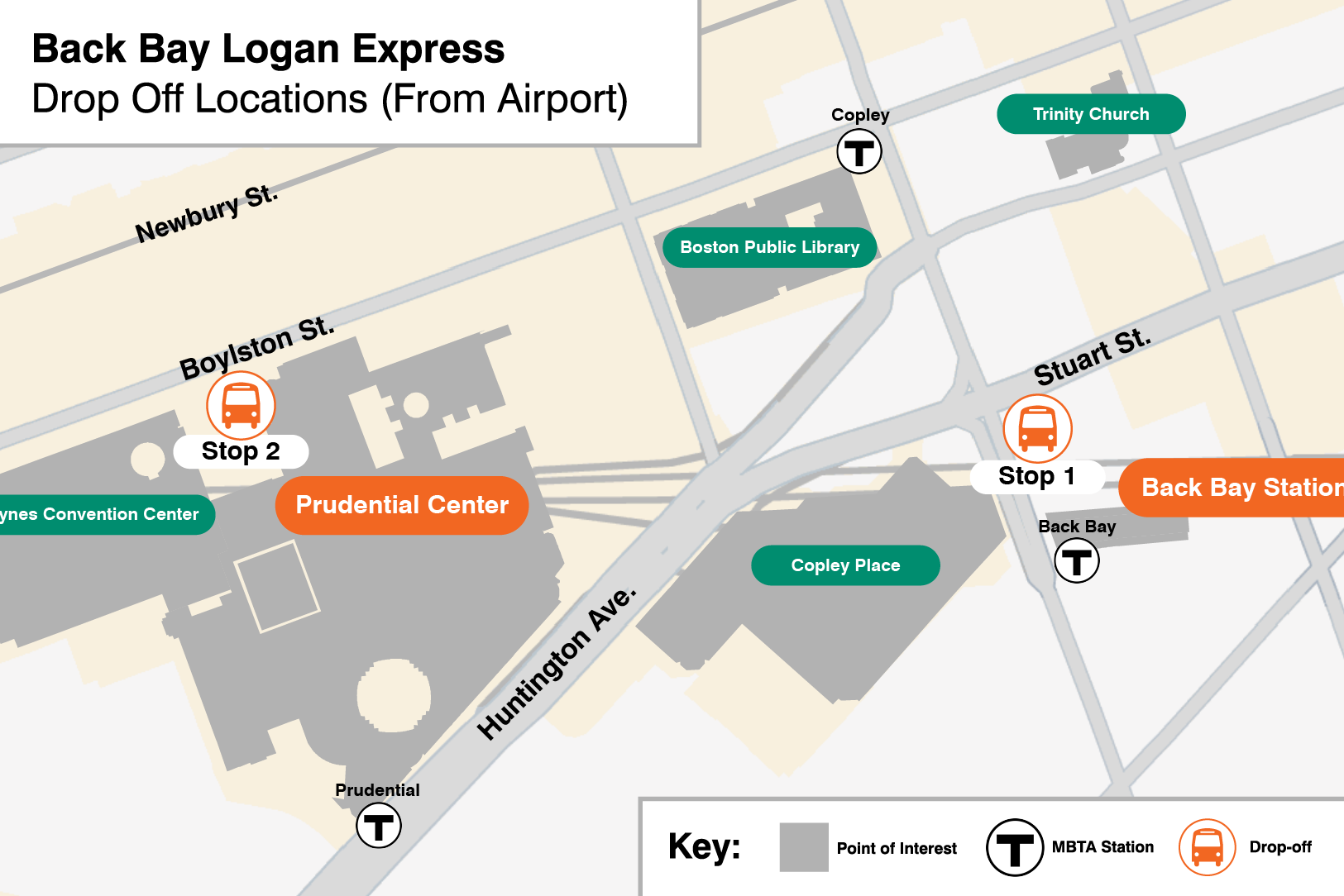 Map of Back Bay Logan Express Drop off stops