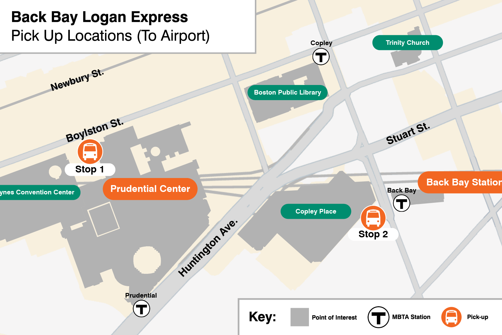 Map of Back Bay Logan Express Pickup stops