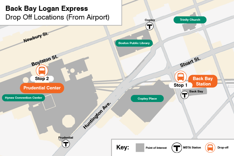 Map of Back Bay Logan Express Drop off stops