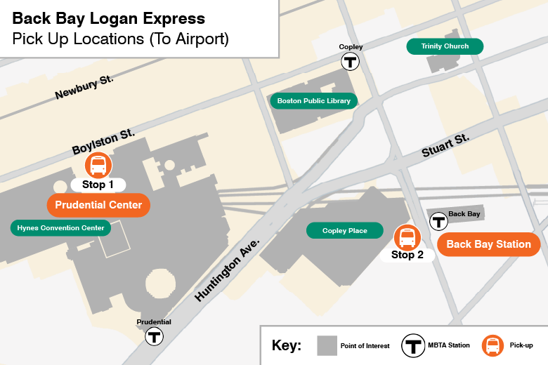 Map of Back Bay Logan Express Pickup stops