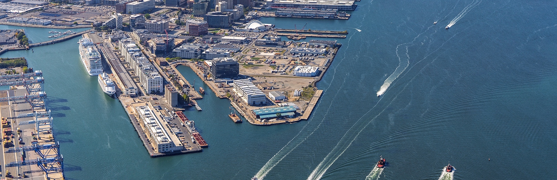 Aerial shot of the South Boston Waterfront 