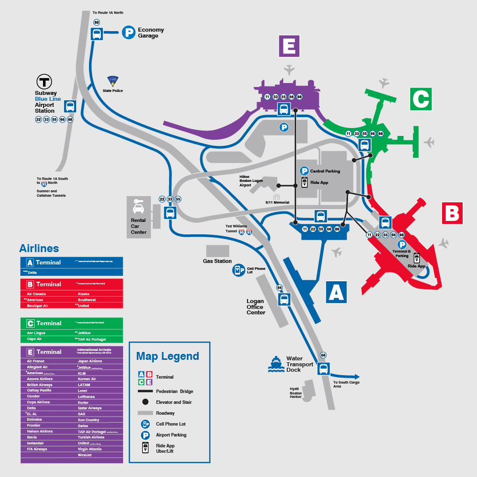 Map of bus routes at Logan International Airport