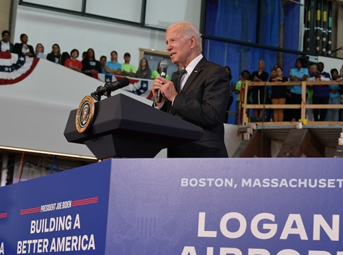 Joe Biden speaking at Boston Logan Airport