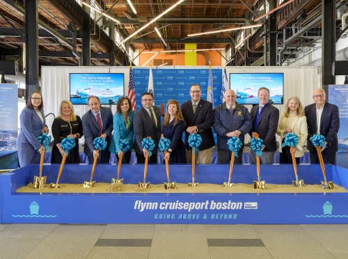 From L to R: Executive Director for the Massachusetts Office of Travel and Tourism Katie Fox, CEO of Meet Boston Martha Sheridan, ILA Atlantic Coast District VP Geroge McEvoy, Massport Chief Infrastructure Office Luciana Burdi, State Senator Nick Collins, Masssport Port Director Lauren Gleason, State Rep. David Biele, Councilor Ed Flynn, Massport CEO Rich Davey, Massport Board Chairwoman Patricia Jacobs and Norwegian Cruise Line SVP of Port Development Juan Kuryla. 