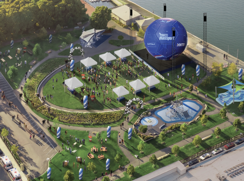 A rendering of Piers Park II in East Boston with Massport’s display of their attempt to break the Guinness World Records® Title for World’s Largest Soccer Ball.